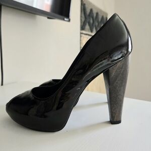 Aldo Black Platform Patent Leather and Wooden Peep-Toe Heels